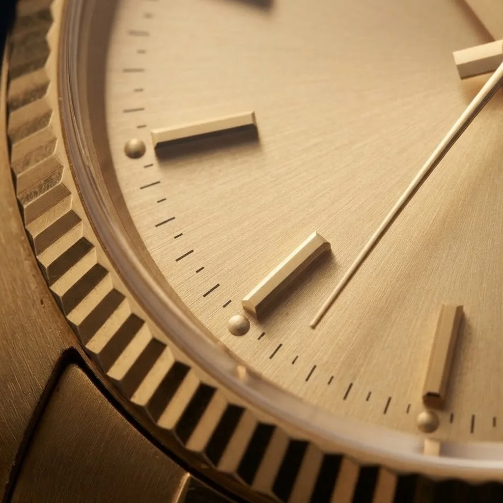 Illustrative render — date versus datejust of the Rolex Oyster Perpetual Date 15238 (18k yellow gold, 34mm, champagne dial)