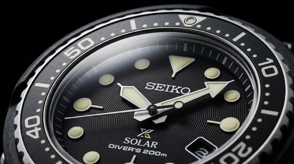 Illustrative render — solar v157 of the Seiko Prospex Solar “Tuna” SNE497