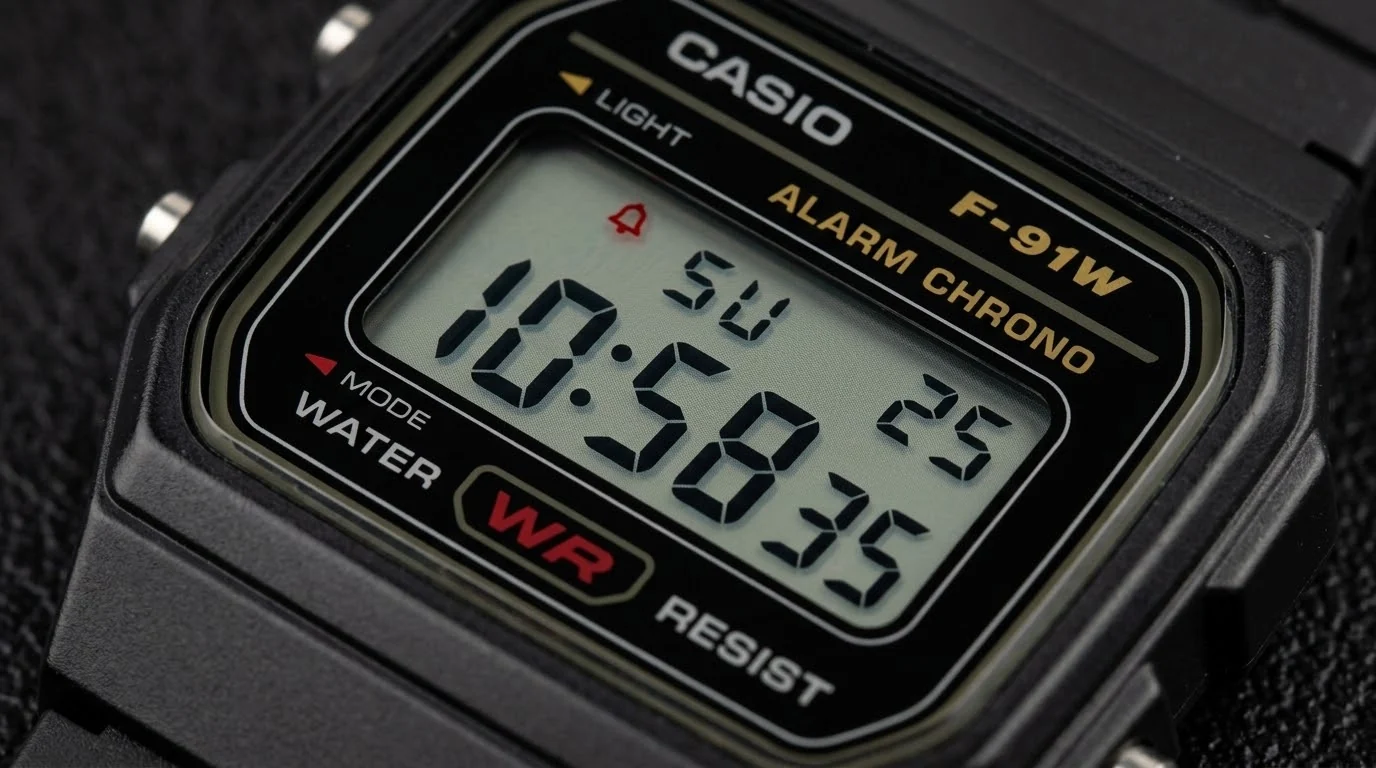 Illustrative render — module 593 of the Casio F-91W