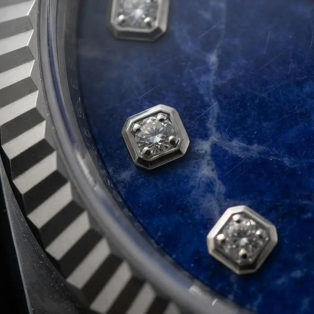 Illustrative render — sodalite, and the other stone dials of the Rolex Lady-Datejust 26 79174 (steel, white gold fluted bezel, sodalite diamond dial)