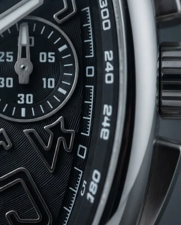 Illustrative render — the reference vanguard chronograph of the Franck Muller Vanguard V 45 CC DT AC BR.NR chronograph (polished steel, black guilloche dial, black leather-top rubber strap)