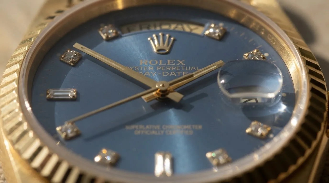 Illustrative render — why it is called the president of the Rolex Day-Date 18238 (18k yellow gold, blue diamond dial)