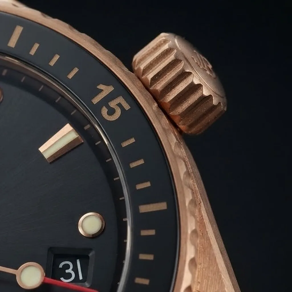 Illustrative render — fifty fathoms, then bathyscaphe of the Blancpain Fifty Fathoms Bathyscaphe 5000-36S30-B52A (18k red gold, black ceramic bezel, sail-canvas strap)