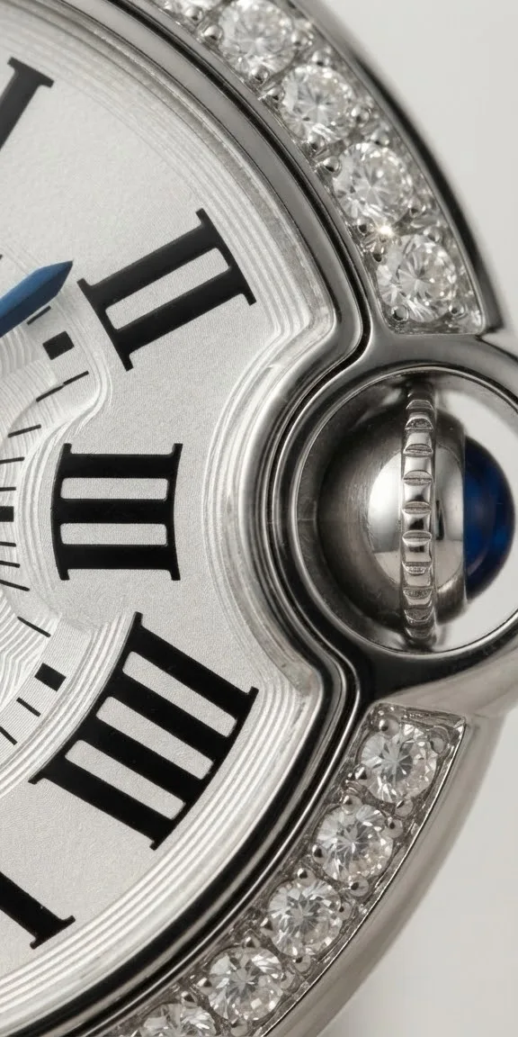 Illustrative render — the diamonds, and why to ask of the Cartier Ballon Bleu de Cartier 28mm quartz (steel, diamond-set bezel, silver dial, steel bracelet)