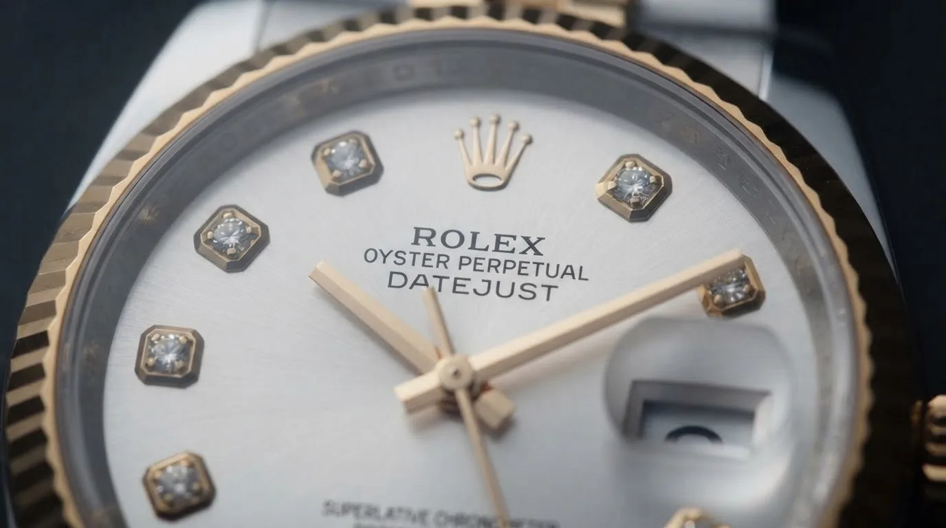 Illustrative render — diamonds on silver, two-tone of the Rolex Datejust 36 (steel and 18k yellow gold, silver dial with diamond markers, fluted bezel, Jubilee bracelet, dated warranty card, pre-owned)
