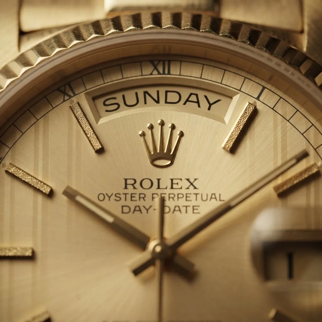 Illustrative render — why it is called the president of the Rolex Day-Date 18038 (18k yellow gold, champagne dial, President, box and papers)