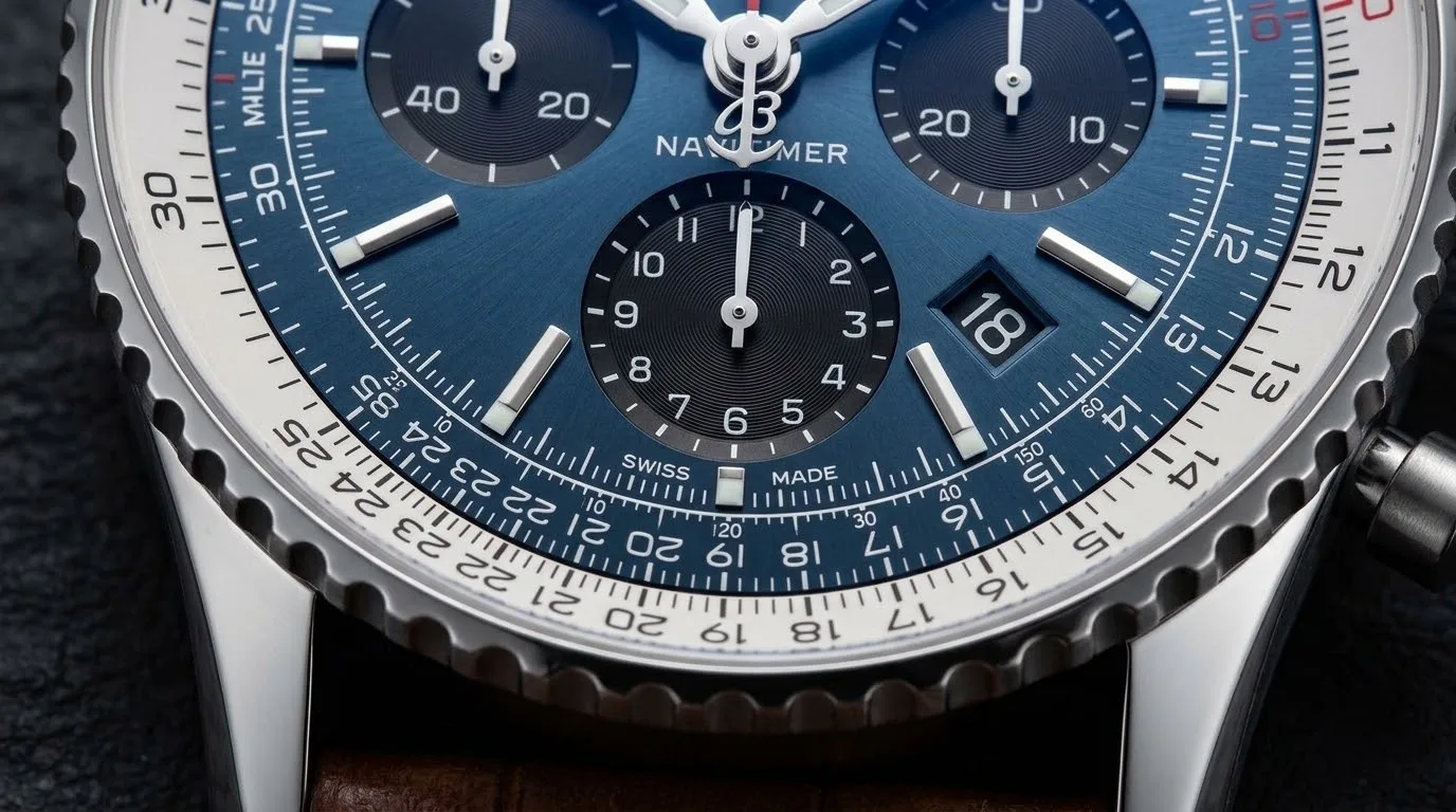Illustrative render — blue and brown of the Breitling Navitimer B01 Chronograph 43 AB0121211C1P2 (steel, blue dial, brown alligator strap)