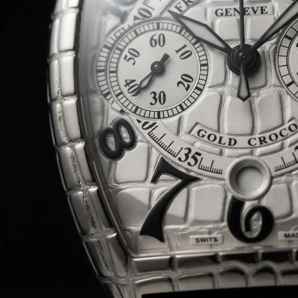 Illustrative render — the curved barrel, and the skin on it of the Franck Muller Cintree Curvex Iron Croc chronograph 7880 CC (steel, crocodile-relief case)