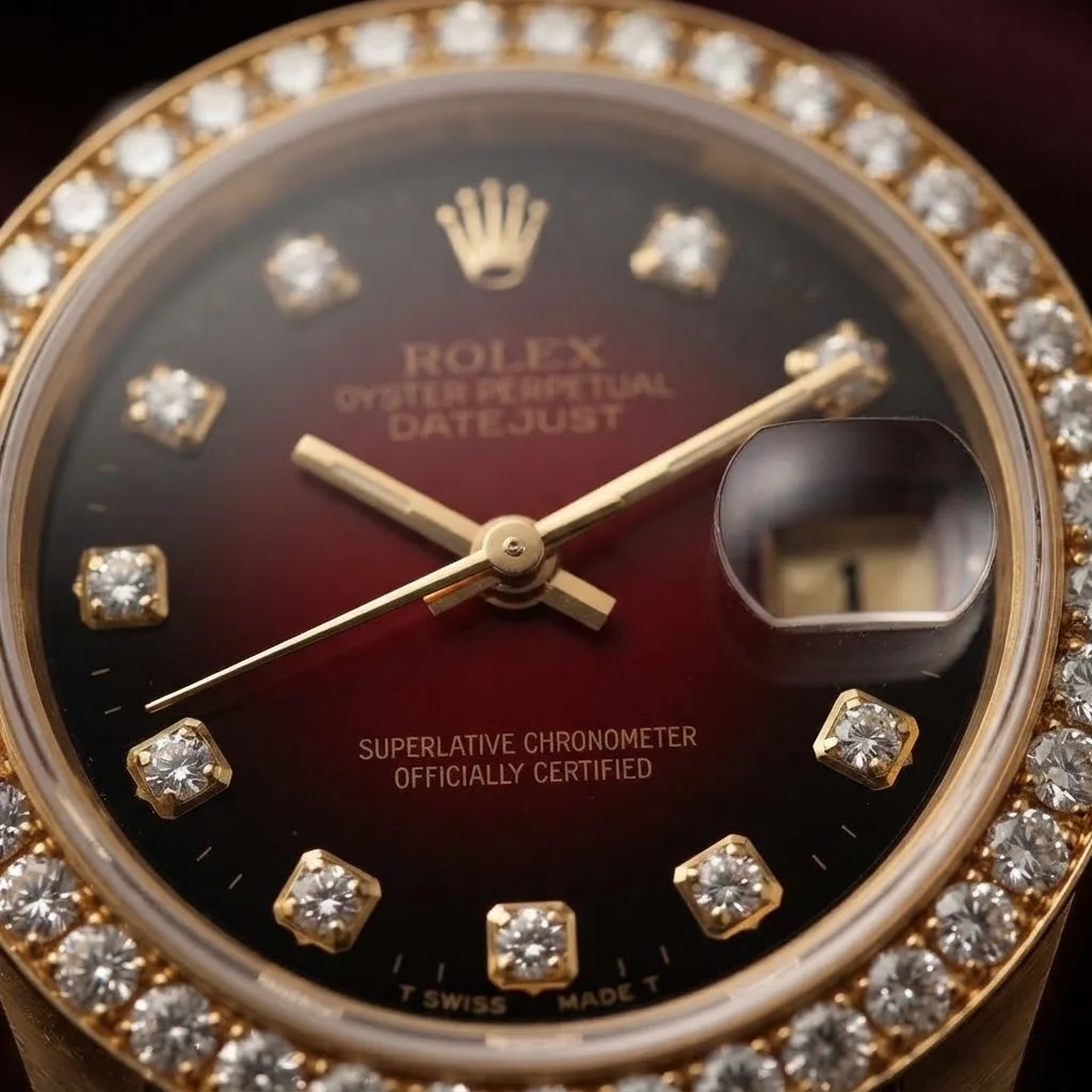 Illustrative render — which lady-datejust this is of the Rolex Lady-Datejust 26 (18k gold, diamond bezel and lugs, red vignette dial)