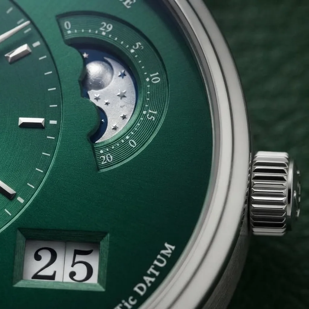 Illustrative render — the pano layout of the Glashütte Original PanoMaticLunar 1-90-02-13-32-31 (steel, forest green dial, nubuck alligator strap)