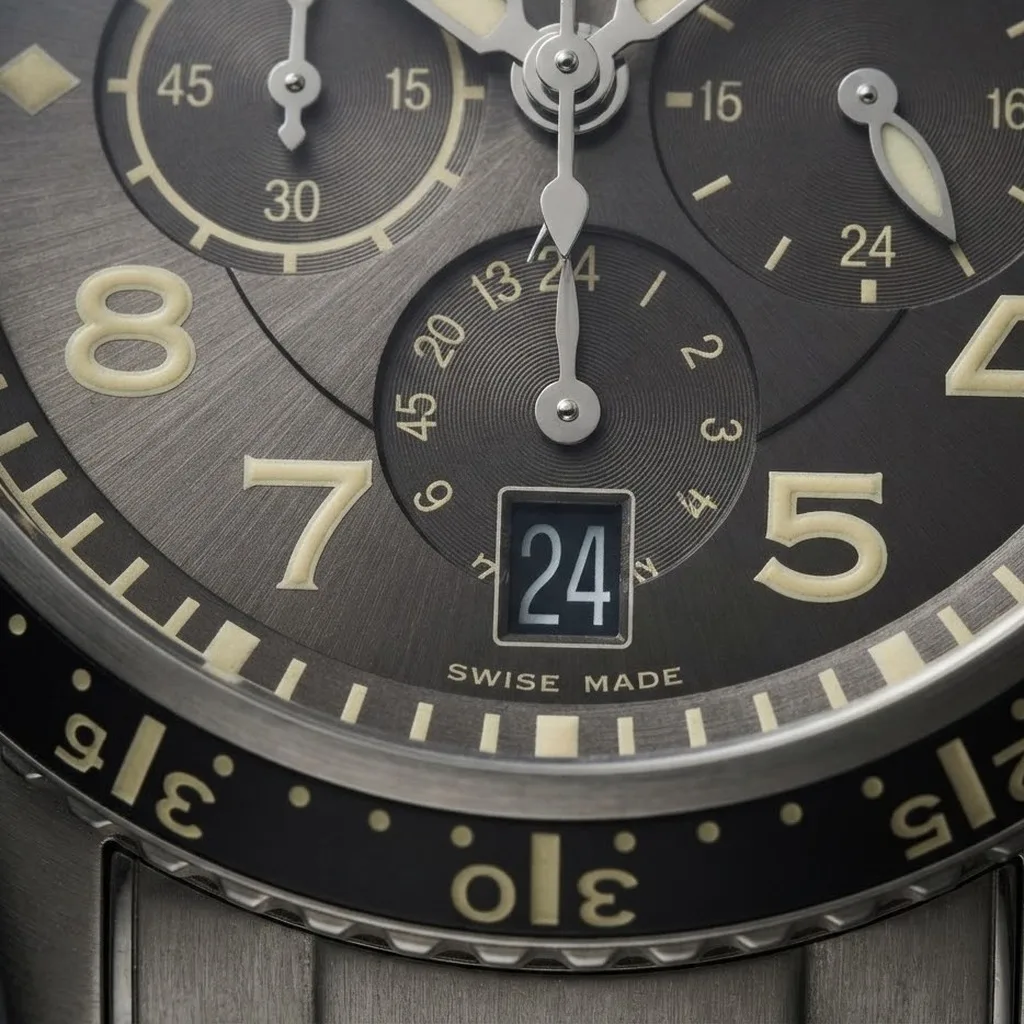 Illustrative render — type xx to type xxi of the Breguet Type XXI Transatlantique 3810TI/H2/TZ9 (titanium, ruthenium dial, titanium bracelet)