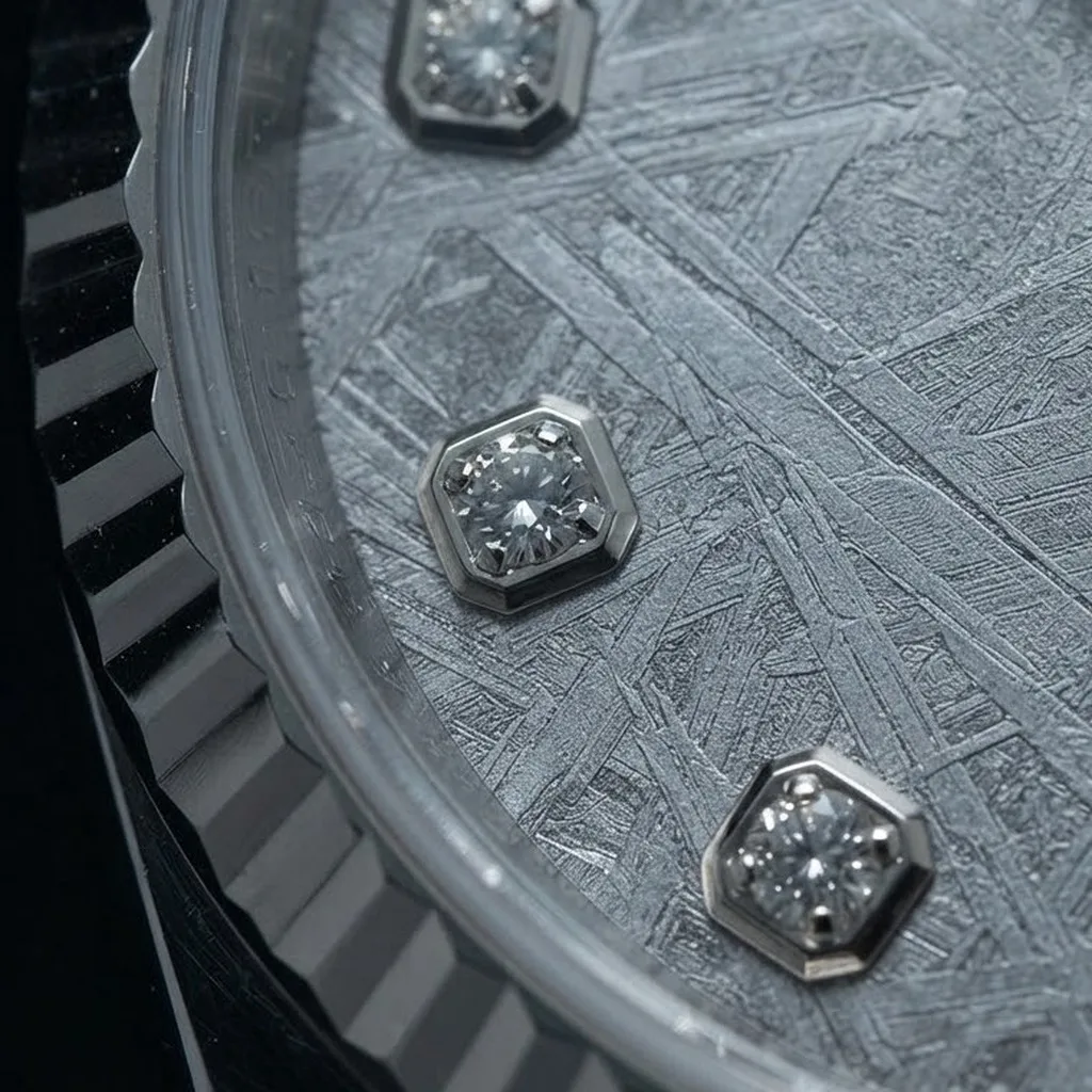 Illustrative render — where the dial came from of the Rolex Datejust 31 78274 (steel, white gold fluted bezel, meteorite diamond dial, box and papers)