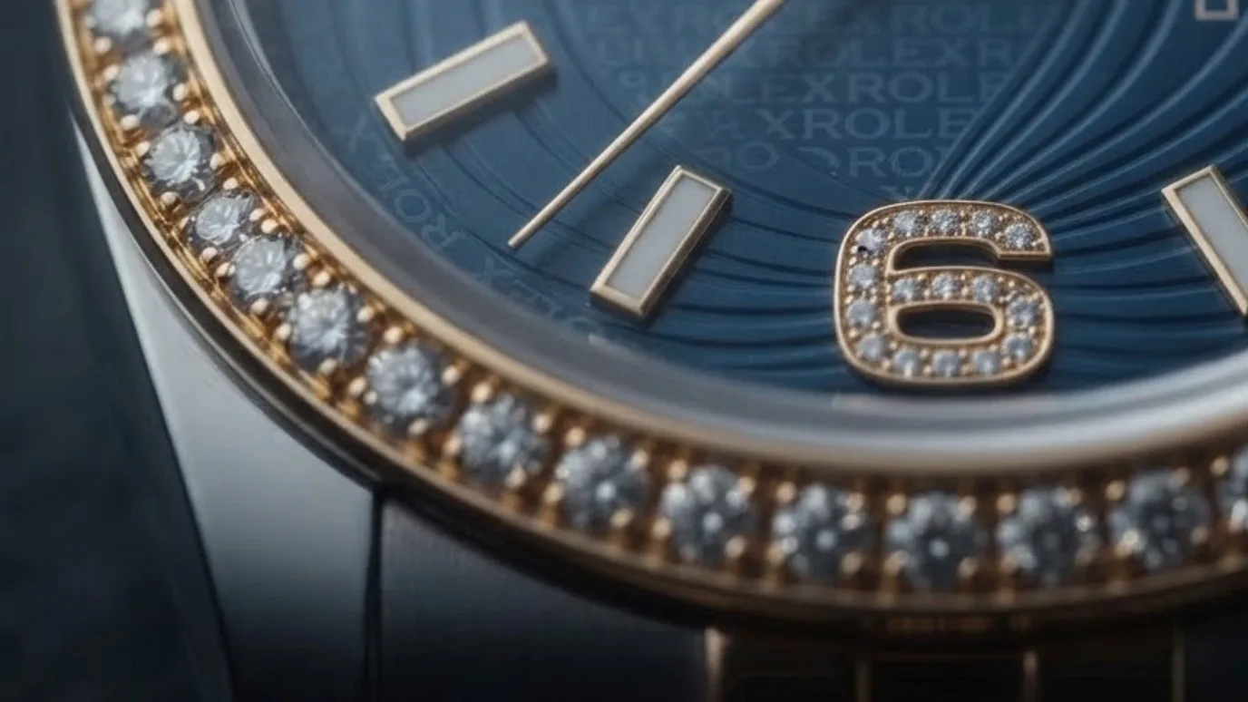 Illustrative render — the wave dial of the Rolex Datejust 36 ref. 116243 (steel and 18k yellow gold, diamond-set bezel, blue wave dial with diamond 6 and 9, Jubilee bracelet, box and papers, pre-owned)