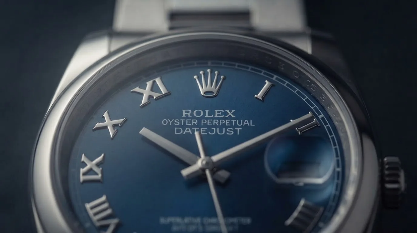 Illustrative render — smooth bezel, blue roman of the Rolex Datejust 36 (steel, blue Roman dial, smooth bezel, Oyster bracelet, service record and box, pre-owned)