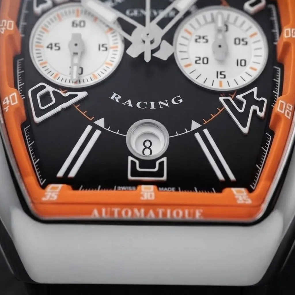 Illustrative render — racing, the franck muller way of the Franck Muller Vanguard Racing V 45 CC DT chronograph (steel, orange inner bezel, black dial, perforated strap)