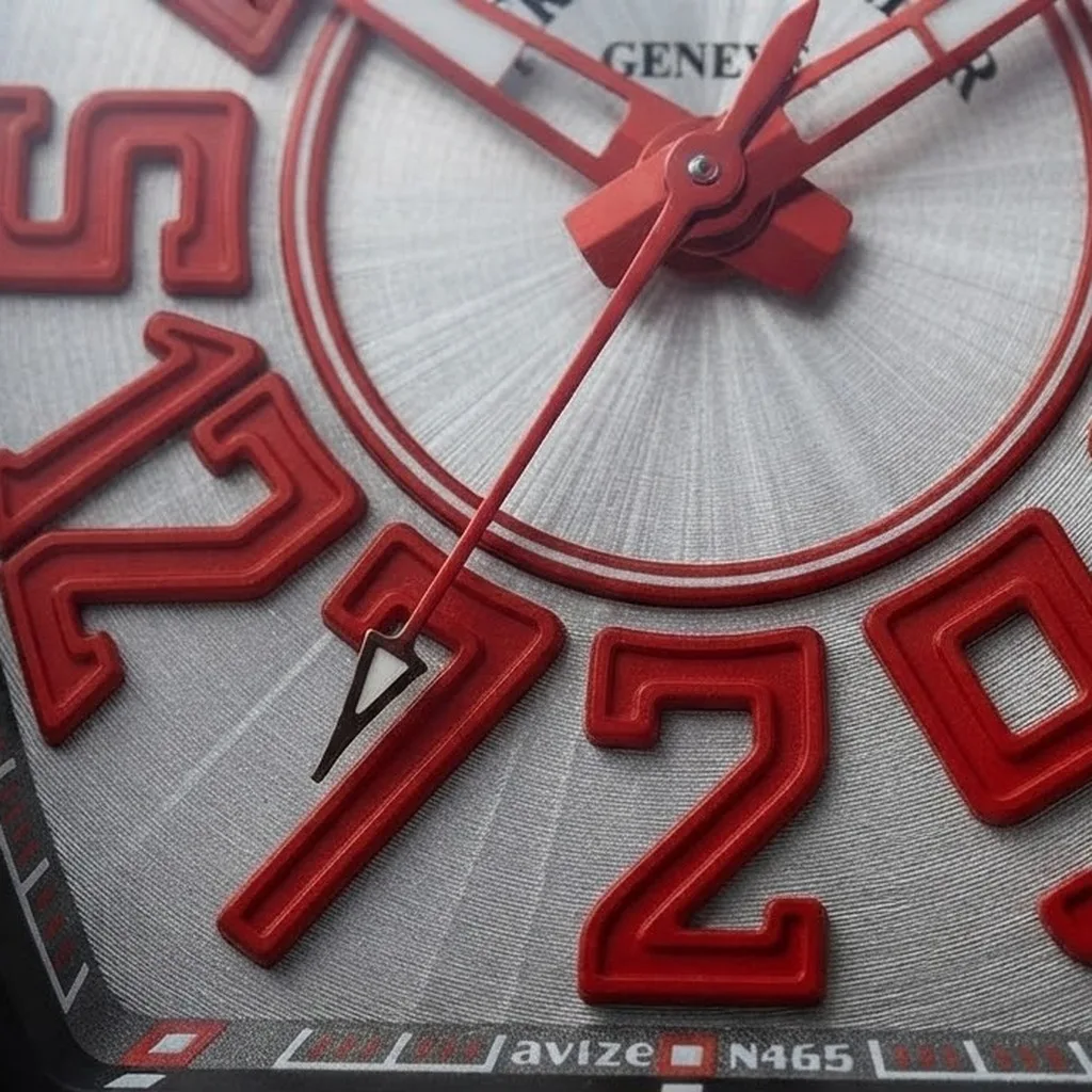 Illustrative render — how a jumping hour hand works of the Franck Muller Vanguard Crazy Hours V 45 CH BR (brushed steel, red numerals, black alligator strap)