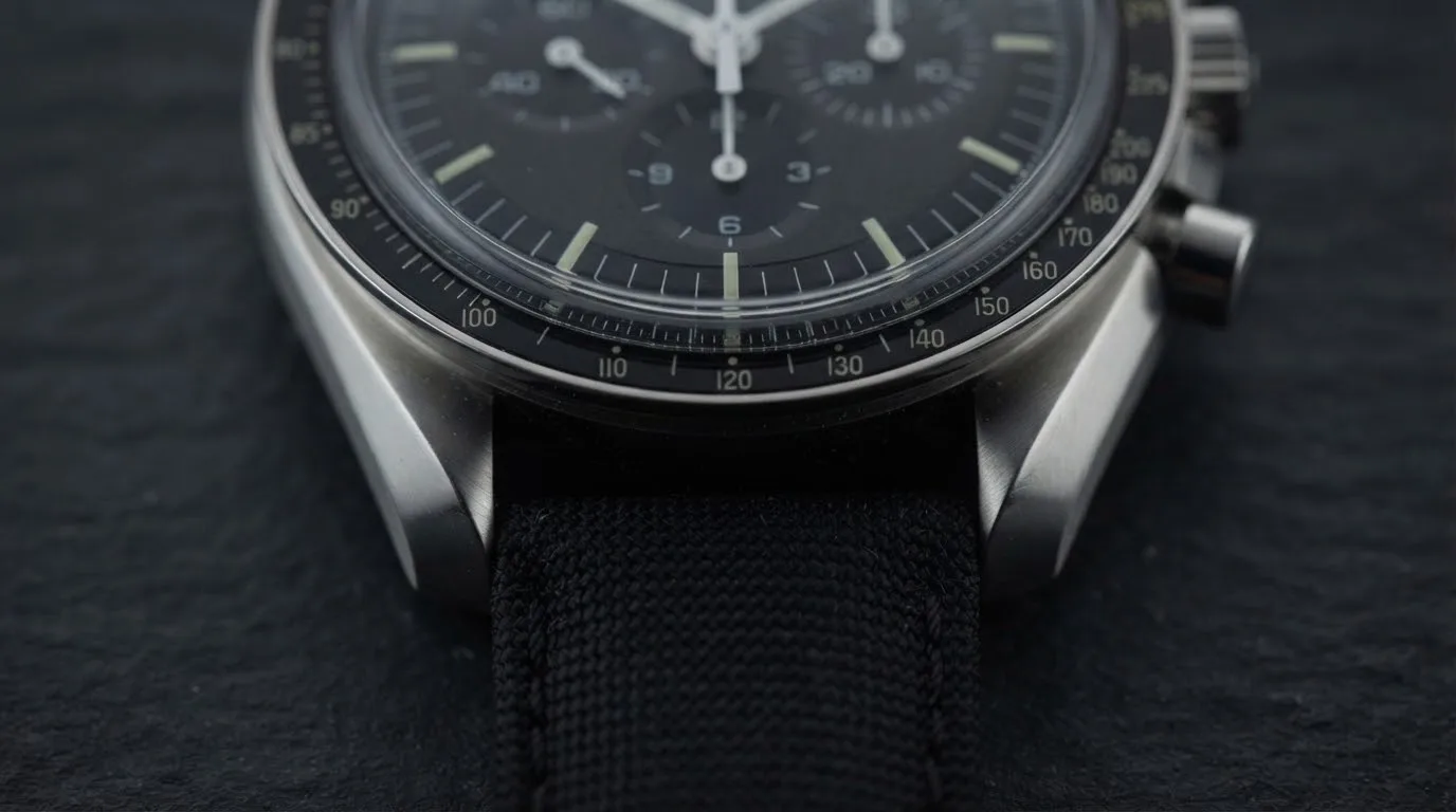 Illustrative render — why the strap of the Omega Speedmaster Moonwatch Professional Co-Axial Master Chronometer 42mm 310.32.42.50.01.001 (hesalite, black nylon strap)