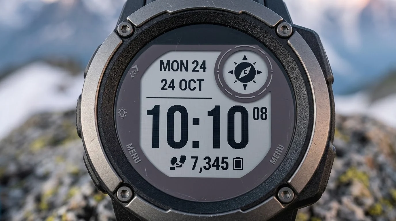 Illustrative render — solar on a smartwatch of the Garmin Instinct 3 Solar 45mm