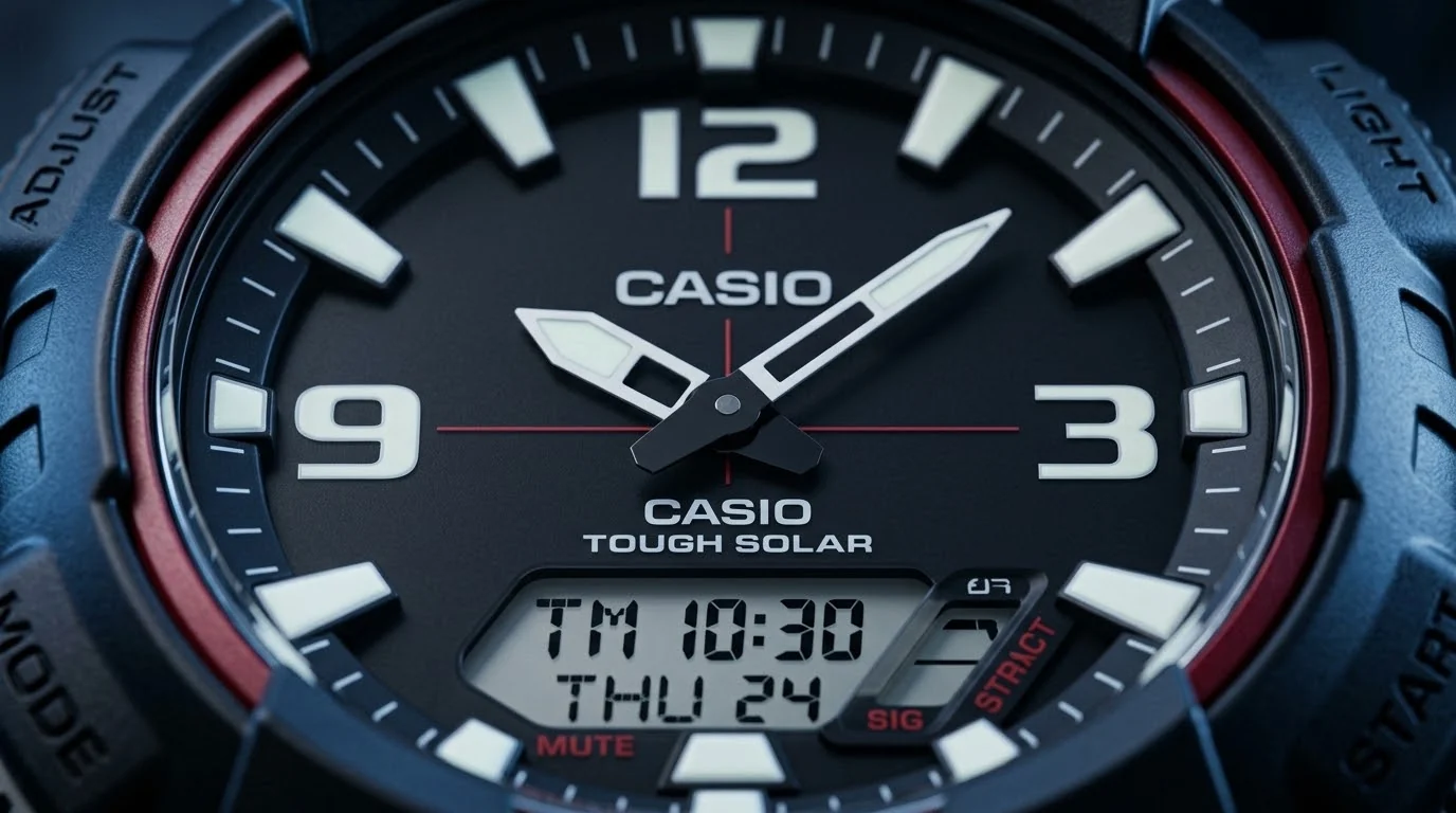 Illustrative render — two displays, one module of the Casio AQ-S810W Solar