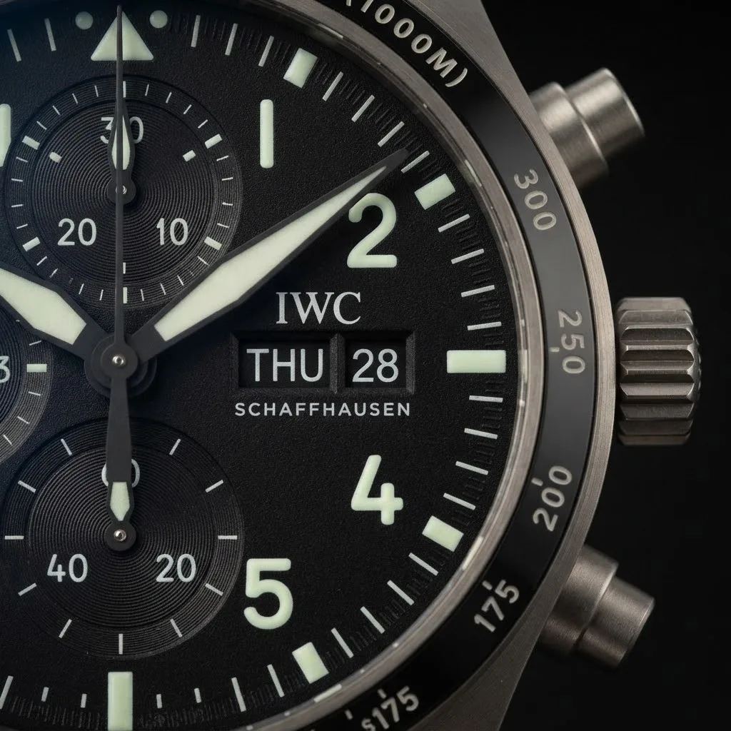 Illustrative render — pilot case, tachymeter bezel of the IWC Pilot's Watch Performance Chronograph 41 AMG IW388305 (titanium, black ceramic bezel, rubber strap)