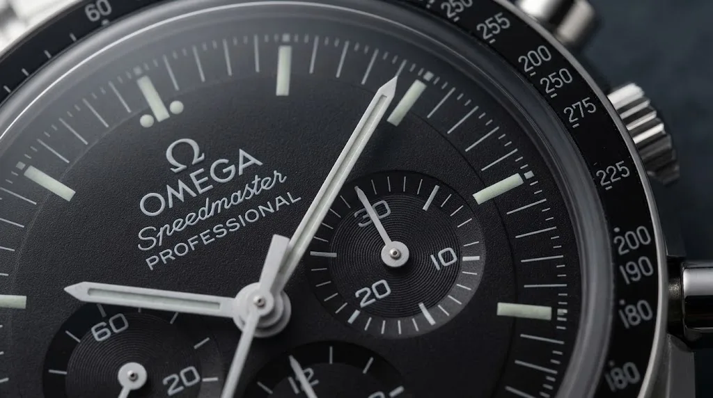 Illustrative render — sapphire sandwich of the Omega Speedmaster Moonwatch Professional Co-Axial Master Chronometer 42mm 310.30.42.50.01.002 (sapphire, steel bracelet)