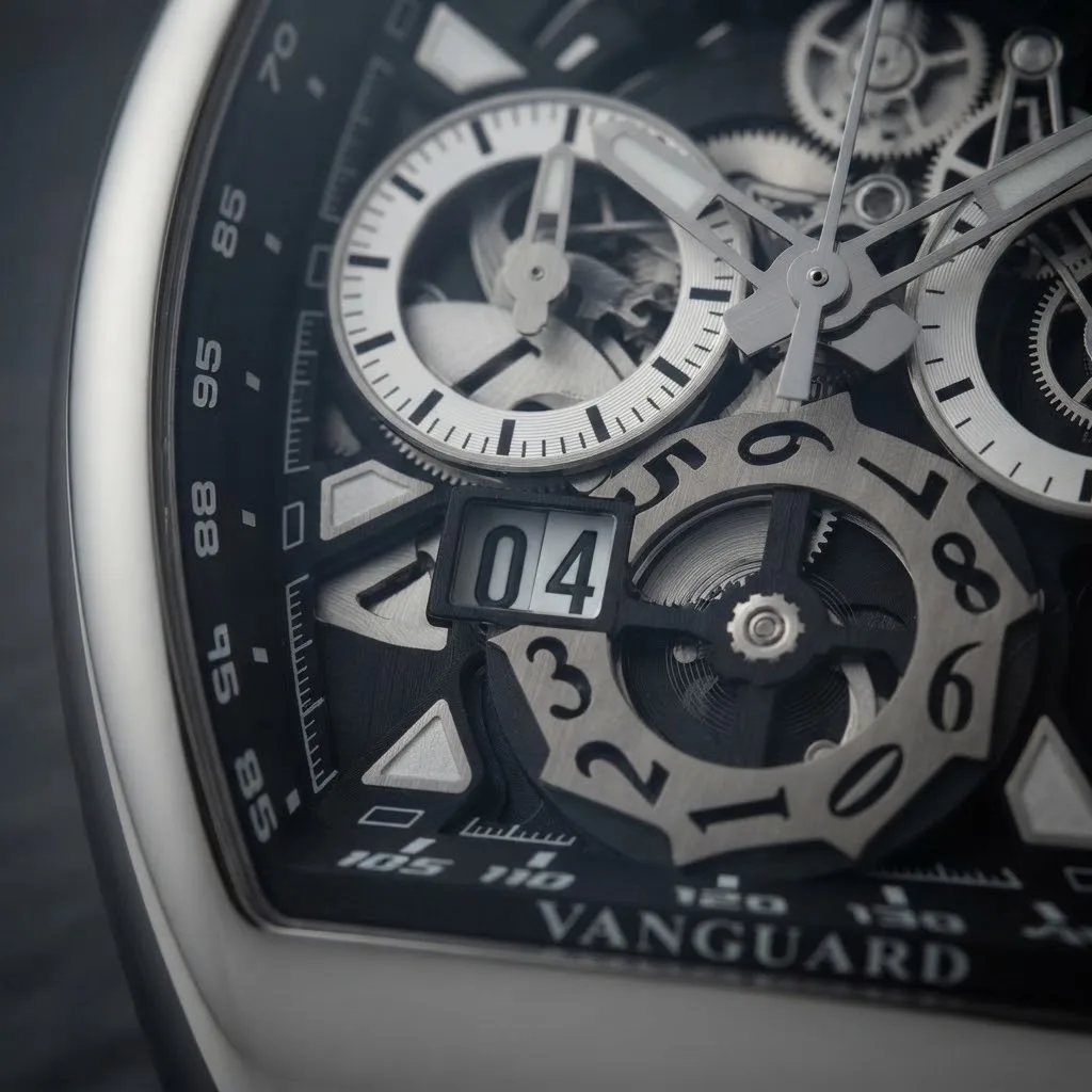 Illustrative render — what an open chronograph shows of the Franck Muller Vanguard Grande Date chronograph V 45 CC GD SQT (steel, skeleton dial, black alligator strap)