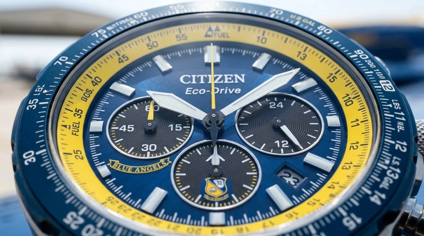 Illustrative render — the slide rule of the Citizen Blue Angels Navihawk 40mm