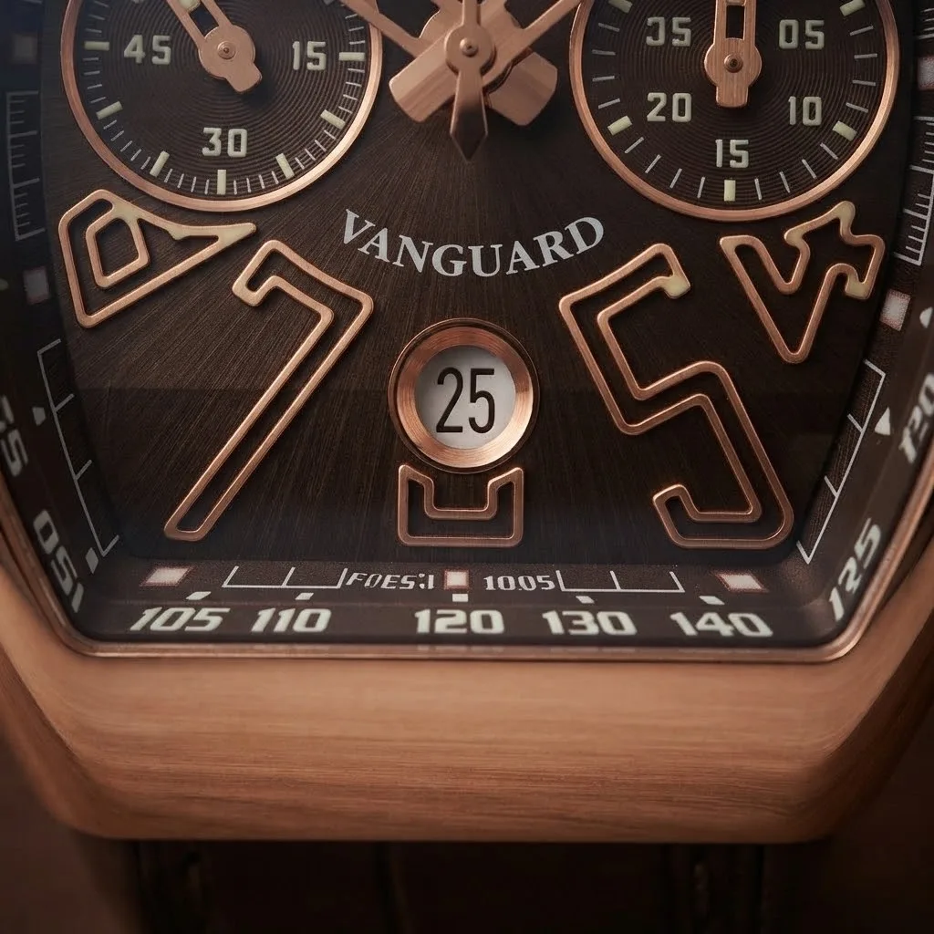 Illustrative render — cintrée curvex, then vanguard of the Franck Muller Vanguard V 45 CC DT chronograph (18k rose gold, brown dial, brown alligator strap)