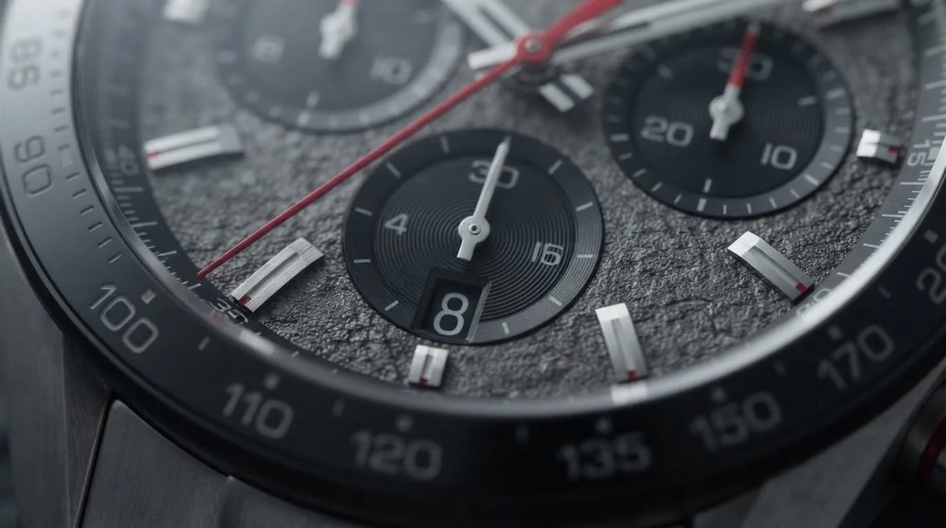Illustrative render — two racing names of the TAG Heuer Carrera Chronograph x Porsche 44mm CBN2A1F.BA0643 (steel, grey asphalt dial, steel bracelet, TH20-00)