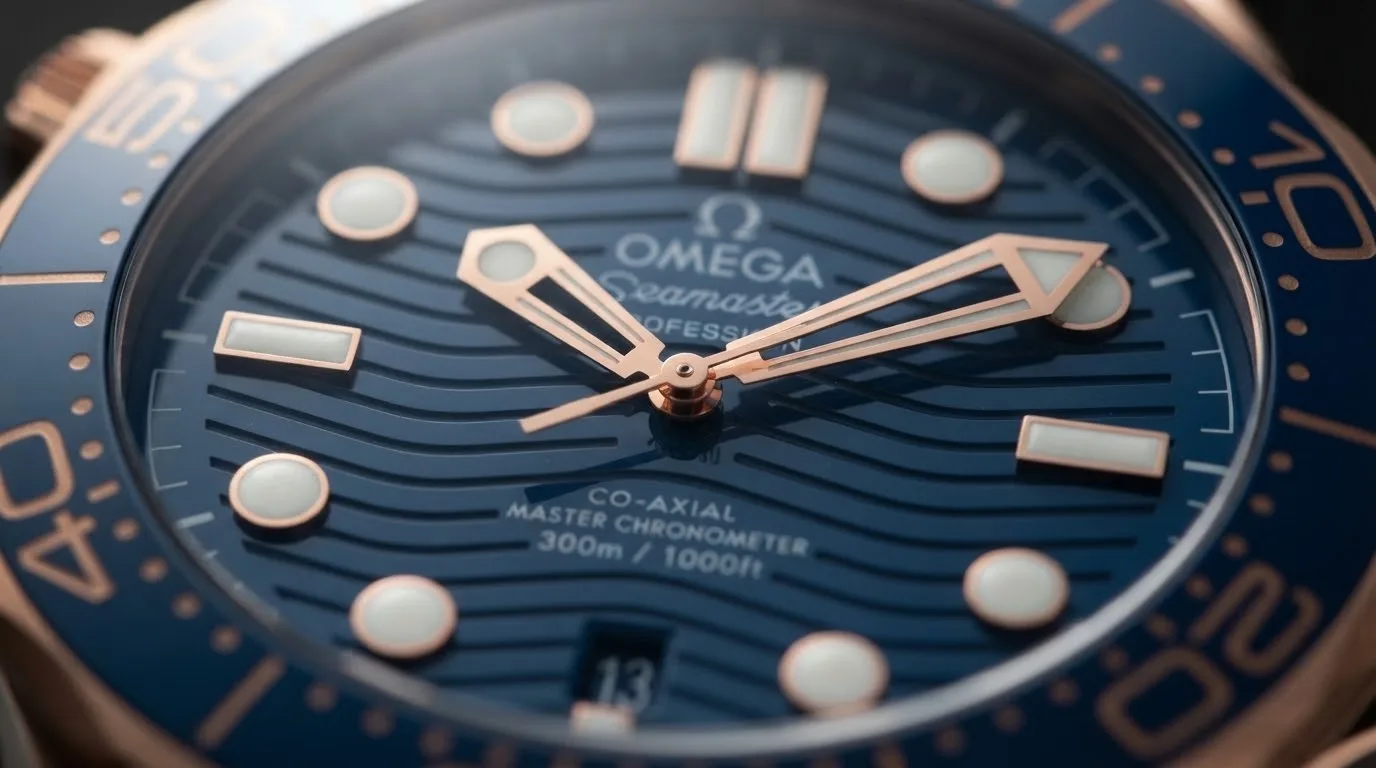 Illustrative render — the wave dial, back in ceramic of the Omega Seamaster Diver 300M 42mm (Sedna gold, rubber)