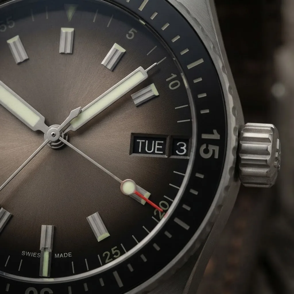 Illustrative render — a dial that fades on purpose of the Blancpain Fifty Fathoms Bathyscaphe Day Date 70s (steel, gradient dial, vintage calf strap)