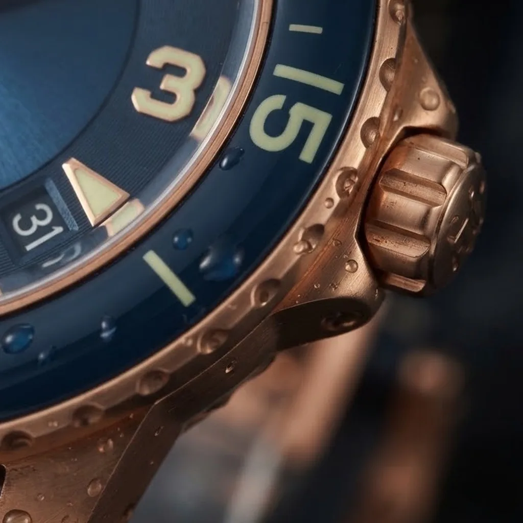 Illustrative render — fifty fathoms, and the sapphire bezel of the Blancpain Fifty Fathoms Automatique 5015-3603C-63B (18k red gold, blue dial, blue sail-canvas strap)