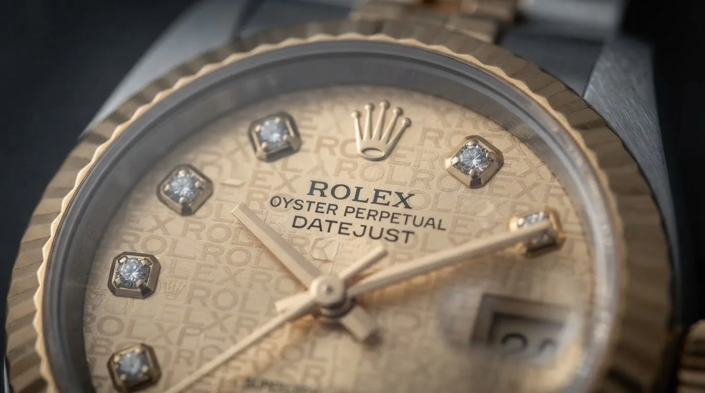Illustrative render — the anniversary dial of the Rolex Lady-Datejust 26 ref. 179173 (steel and 18k yellow gold, champagne Jubilee-pattern dial with diamond markers, fluted bezel, Jubilee bracelet, pre-owned)