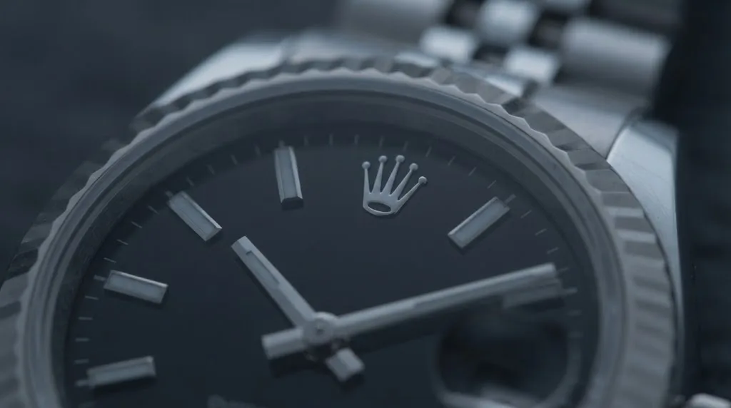 Illustrative render — black on steel of the Rolex Lady-Datejust 26 ref. 79174 (steel, white gold fluted bezel, black dial, Jubilee bracelet, pre-owned)