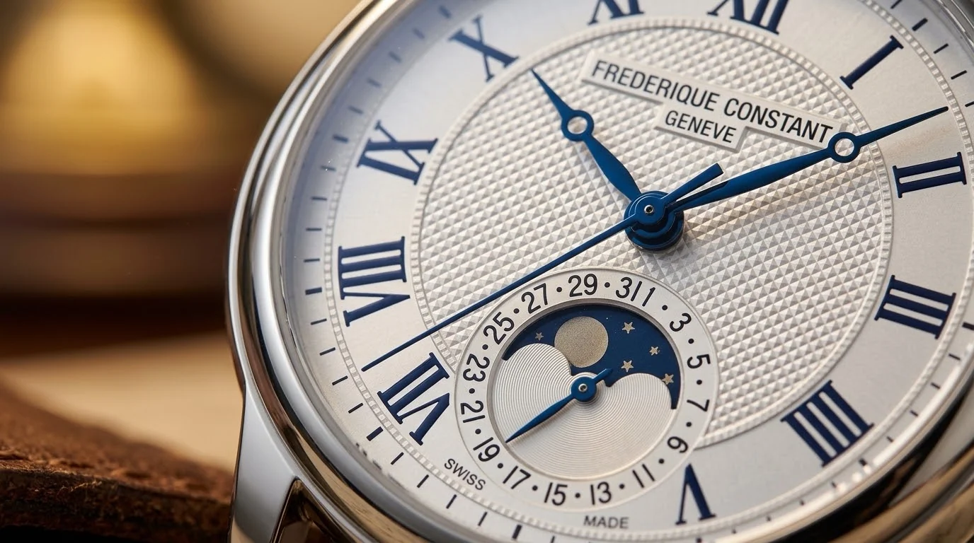 Illustrative render — the moonphase of the Frederique Constant Classic Quartz Moonphase