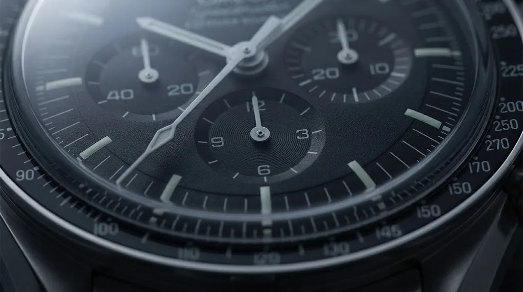 Illustrative render — hesalite, and the 3861 of the Omega Speedmaster Moonwatch Professional Co-Axial Master Chronometer 42mm 310.30.42.50.01.001 (hesalite, steel bracelet)