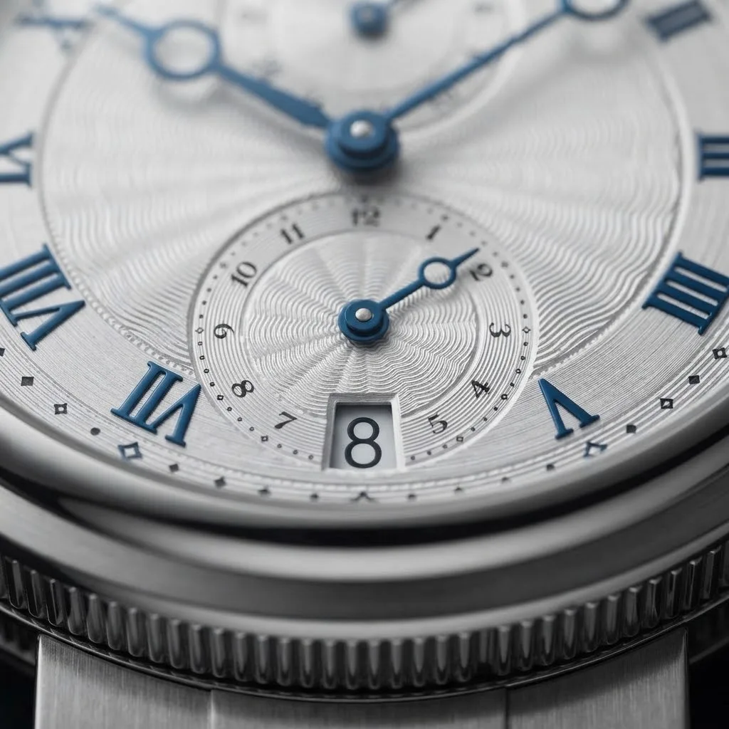 Illustrative render — the marine, and where the second zone sits of the Breguet Marine Dual Time 5857ST/12/SZ0 (steel, silvered guilloche dial, bracelet)