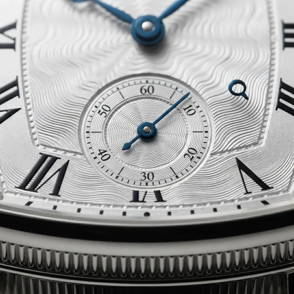Illustrative render — a curved case needs a curved movement of the Breguet Heritage 3660BB (18k white gold, tonneau, silver engine-turned dial)