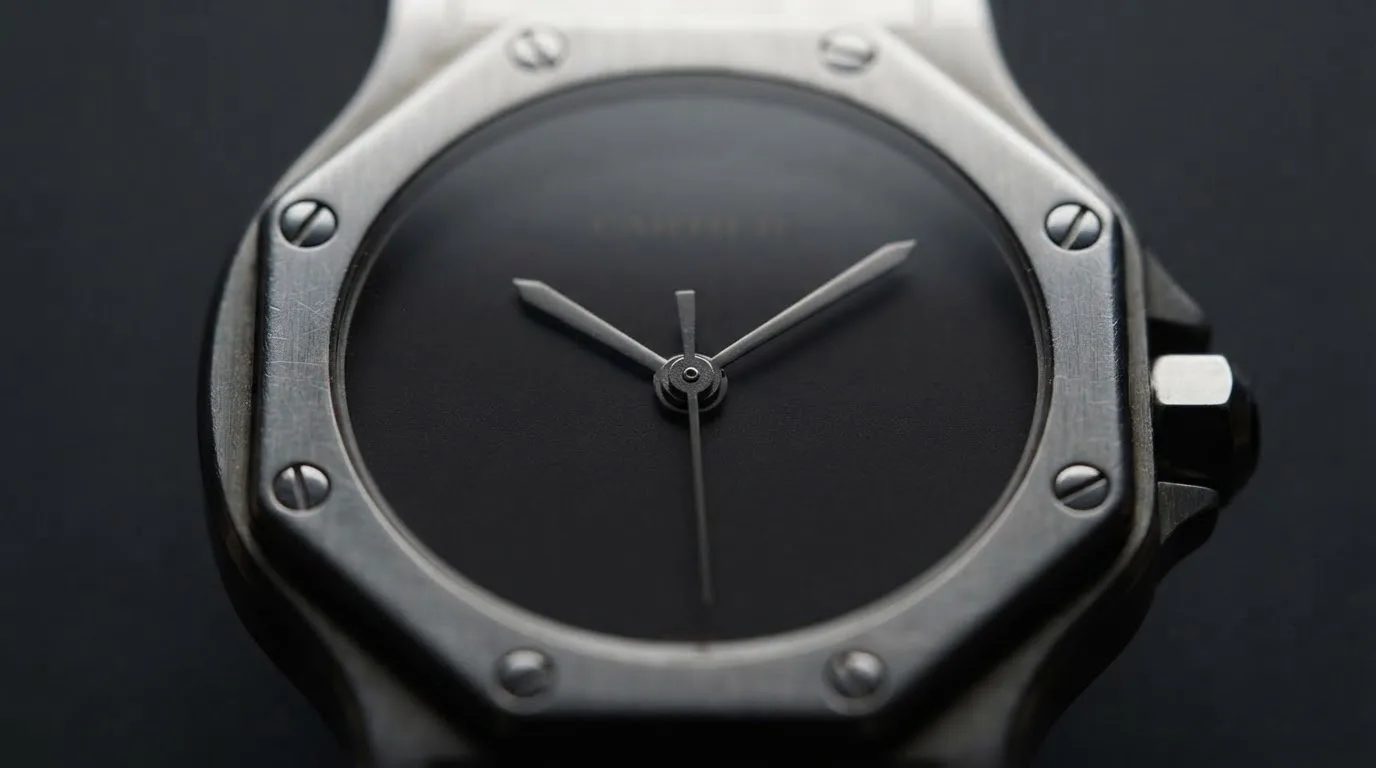 Illustrative render — santos-dumont’s watch of the Cartier Santos Octagon (steel, black dial)