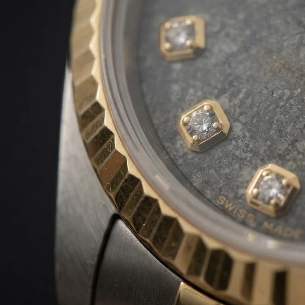 Illustrative render — tridor, and the jurassic dial of the Rolex Lady-Datejust 26 69179 (white gold, yellow gold bezel, Jurassic fossil dial, Tridor President, box)