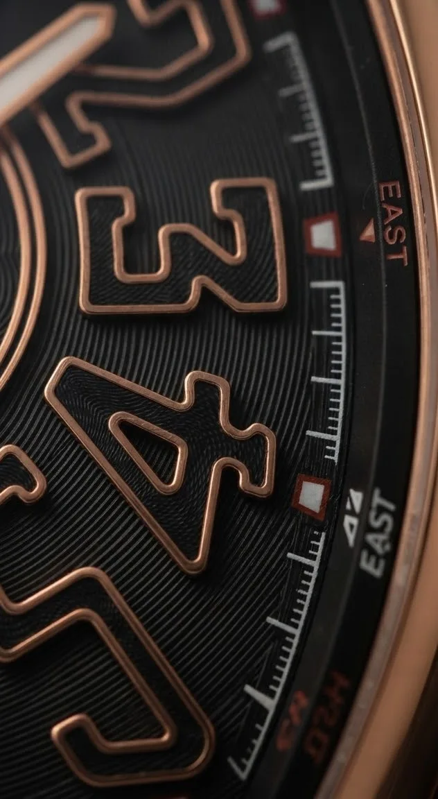 Illustrative render — the quiet vanguard of the Franck Muller Vanguard V 45 SC DT 5N NR (18k rose gold, black guilloche dial, black leather-top rubber strap)