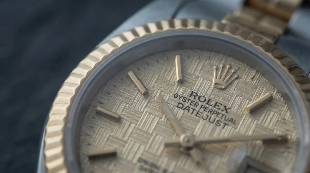 Illustrative render — tapestry, and the 69173 of the Rolex Lady-Datejust 26 ref. 69173 (steel and 18k yellow gold, champagne tapestry dial, fluted bezel, Oyster bracelet, pre-owned)