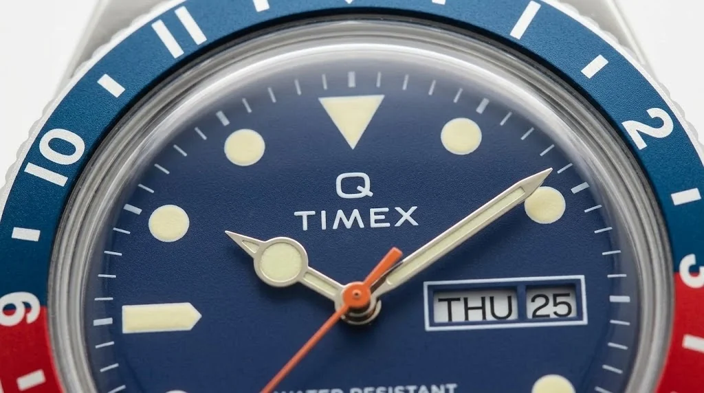 Illustrative render — the pepsi bezel of the Timex Q Timex Reissue