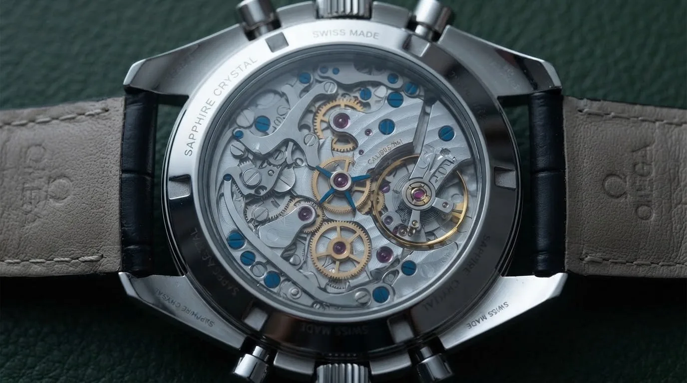 Illustrative render — the 1863, and the box of the Omega Speedmaster Moonwatch Professional 42mm 311.33.42.30.01.002 (calibre 1863, sapphire front and back, black leather strap)