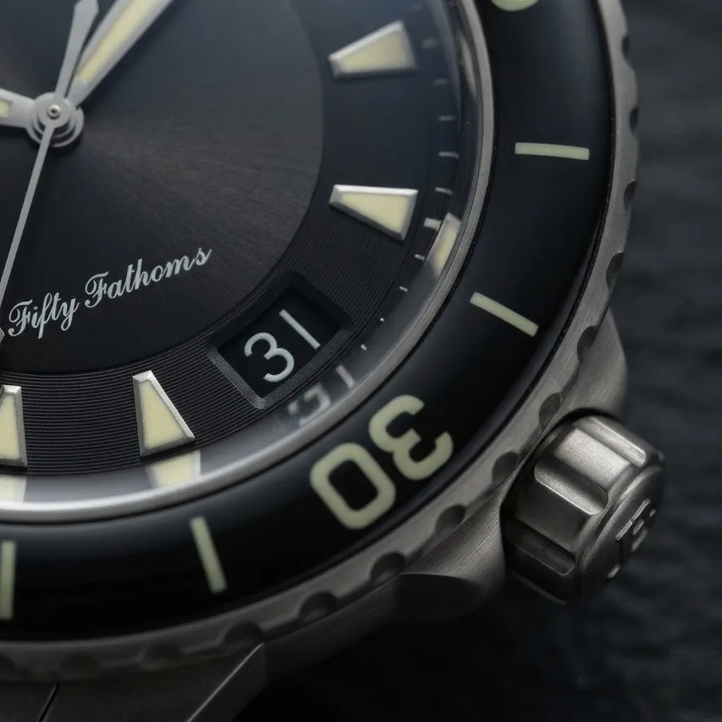 Illustrative render — why titanium on this watch of the Blancpain Fifty Fathoms Automatique 5015-12B30-98 (titanium, black dial, titanium bracelet)
