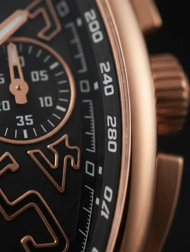 Illustrative render — black on gold of the Franck Muller Vanguard V 45 CC DT 5N NR chronograph (18k rose gold, black dial, black leather-top strap)
