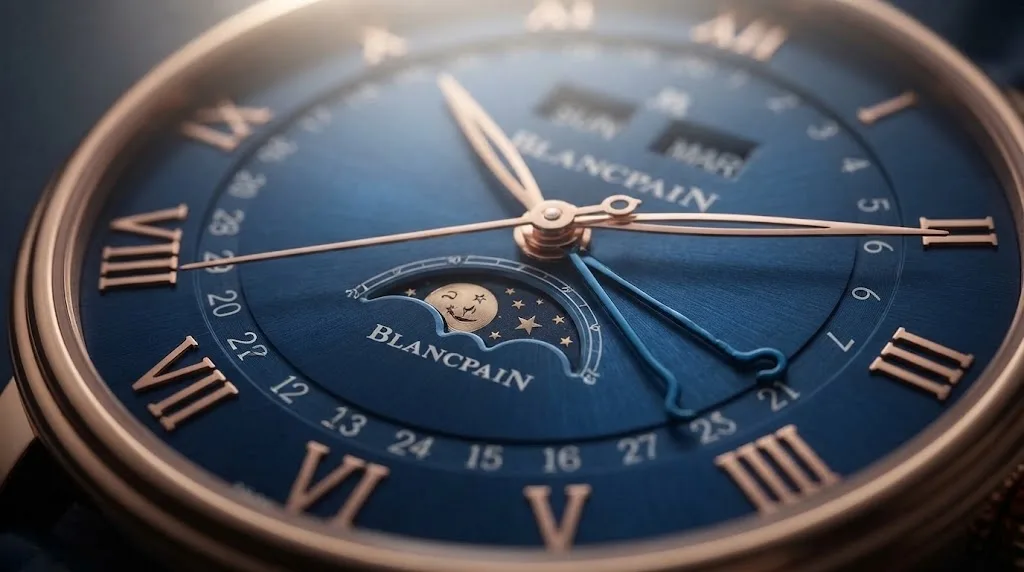 Illustrative render — a complete calendar, not a perpetual one of the Blancpain Villeret Quantième Complet (18k red gold, blue dial)