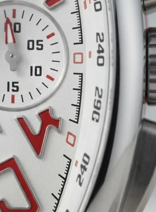 Illustrative render — red on white of the Franck Muller Vanguard V 45 CC DT chronograph (steel, white dial, red numerals, red alligator-grain leather-insert strap)