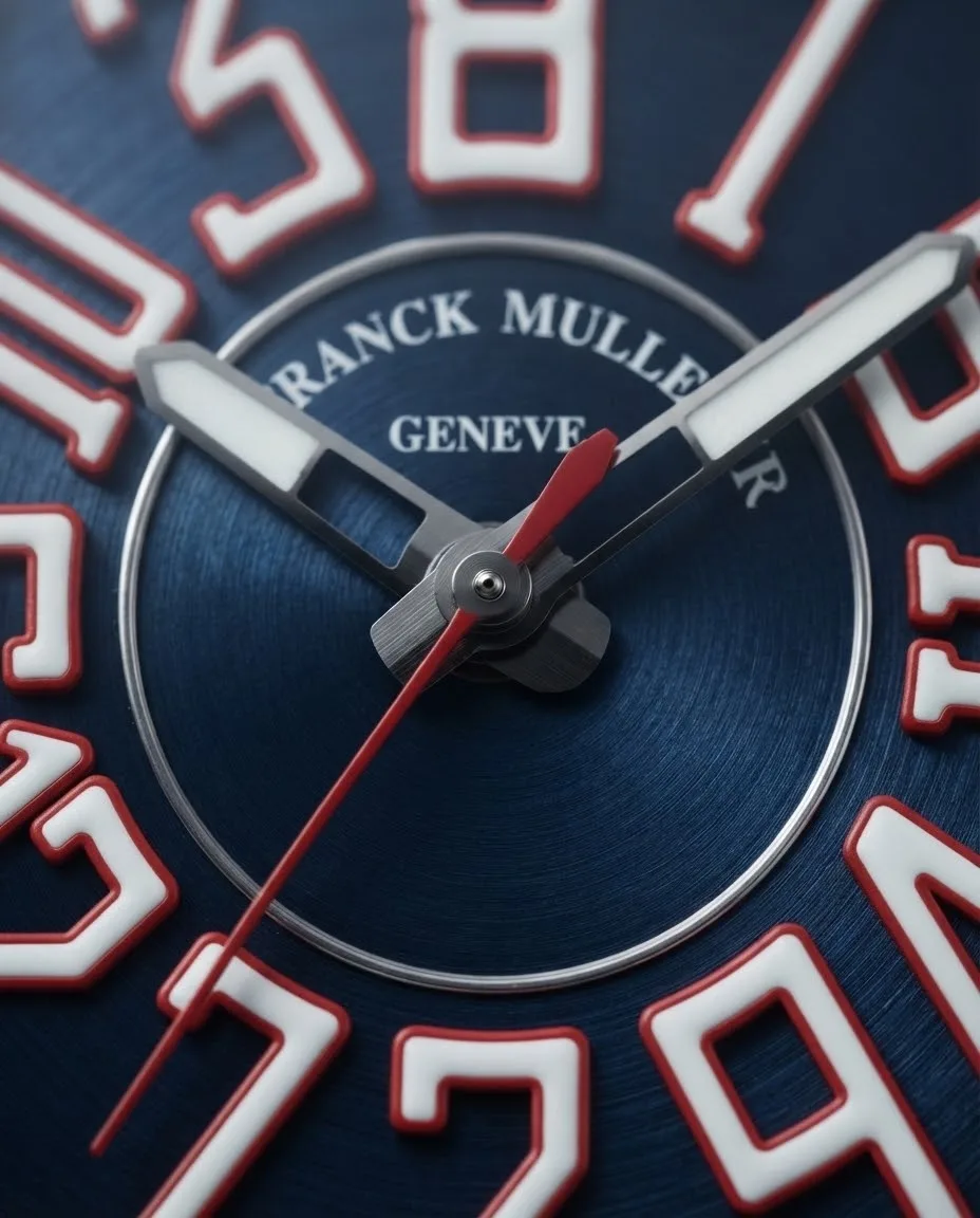 Illustrative render — how a jumping hour hand works of the Franck Muller Vanguard Crazy Hours V 45 CH TT (blue dial, white numerals outlined in red, blue alligator-grain leather-insert strap)