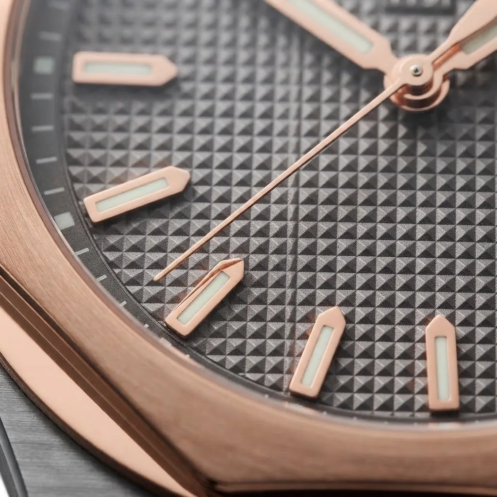 Illustrative render — the laureato, and why it is not a copy of the Girard-Perregaux Laureato 42 (titanium and pink gold, grey Clous de Paris dial, alligator strap)